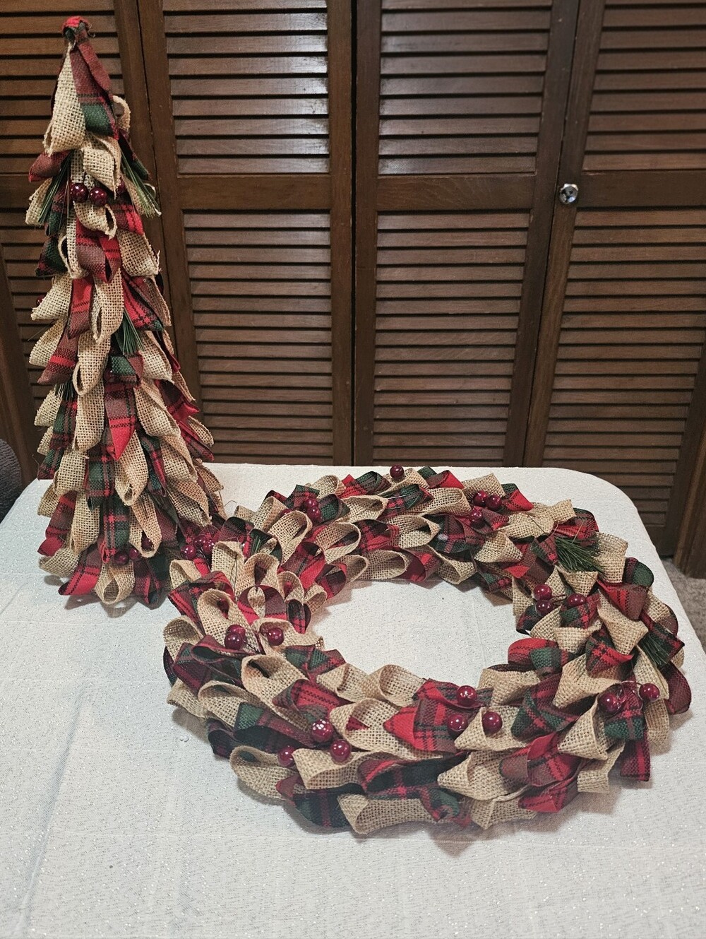 Rustic Farmhouse Holiday Decor Set | Burlap & Buffalo Plaid Wreath + Tree